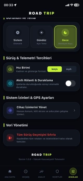 Road Trip Ayarlar, Plaka ve Tercihler